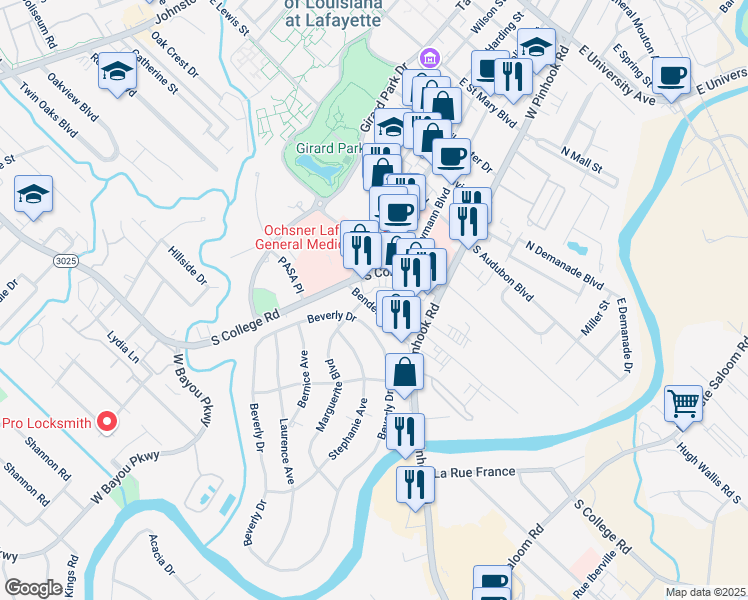 map of restaurants, bars, coffee shops, grocery stores, and more near 213 Bendel Road in Lafayette