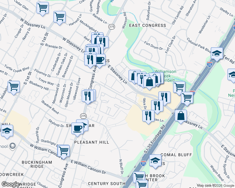 map of restaurants, bars, coffee shops, grocery stores, and more near 408 Little Texas Lane in Austin