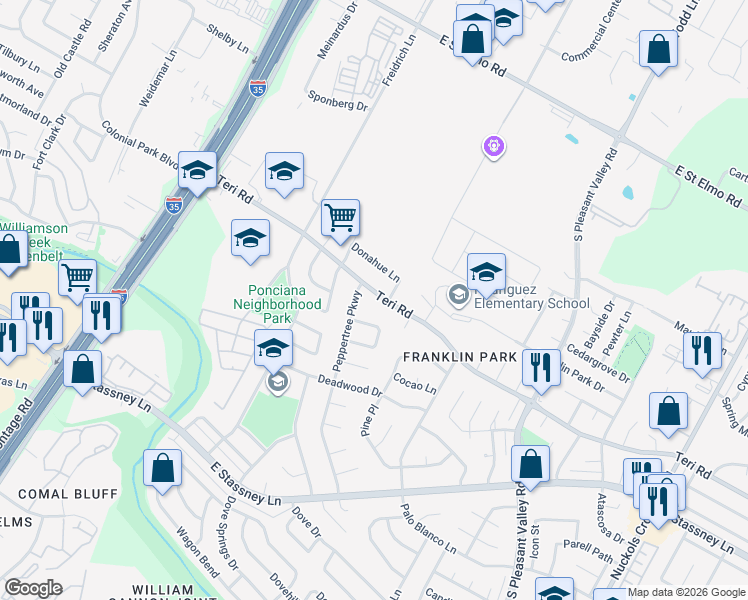 map of restaurants, bars, coffee shops, grocery stores, and more near 2219 Donahue Lane in Austin