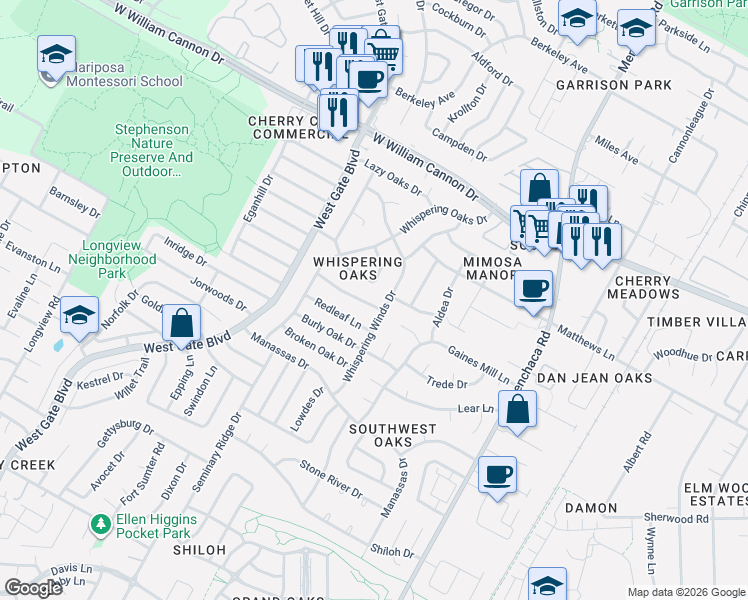 map of restaurants, bars, coffee shops, grocery stores, and more near 2504 Greenland Lane in Austin