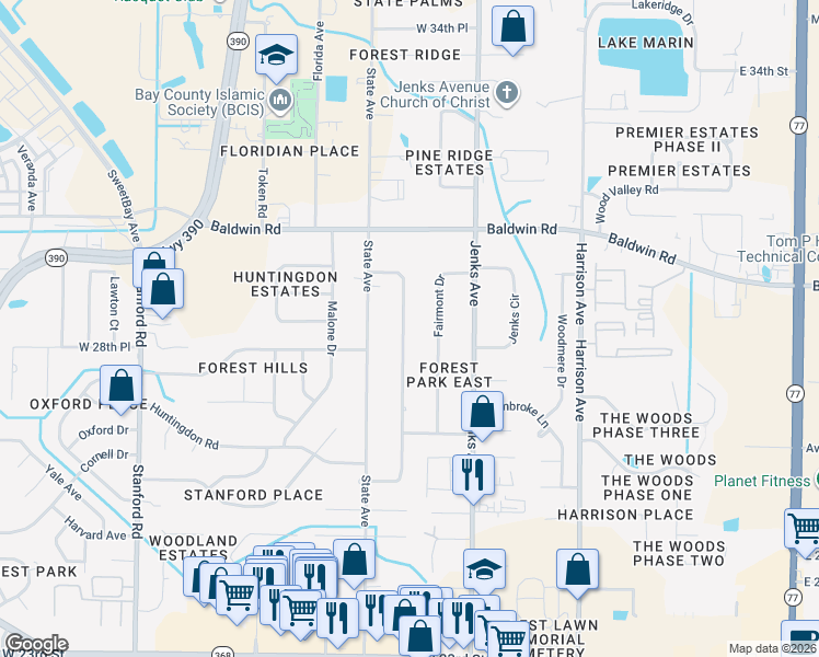 map of restaurants, bars, coffee shops, grocery stores, and more near 2904 Briarcliff Road in Panama City