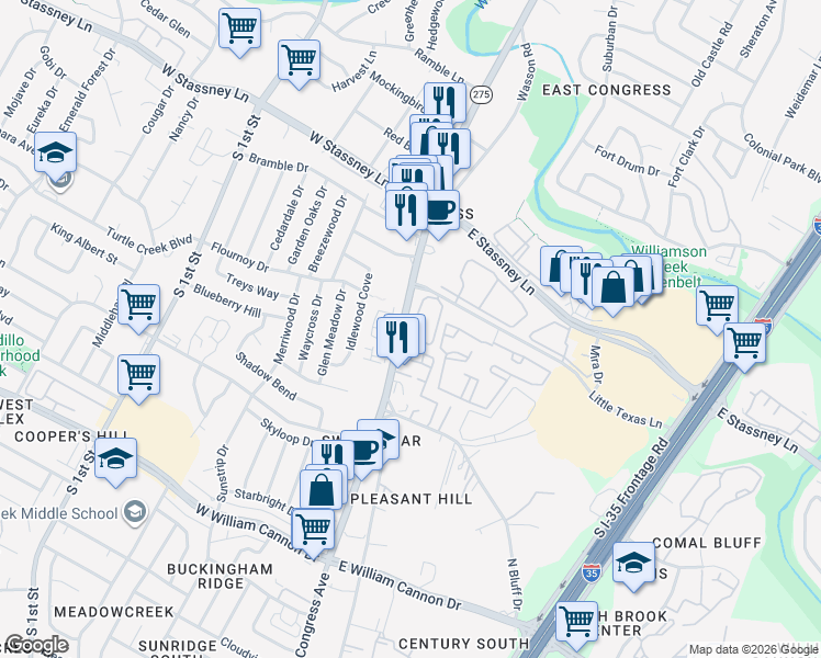 map of restaurants, bars, coffee shops, grocery stores, and more near 6001 South Congress Avenue in Austin
