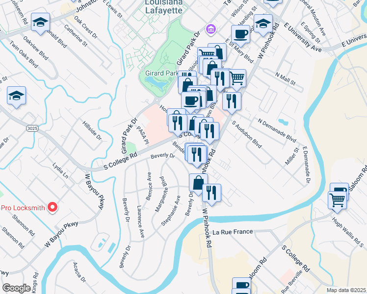 map of restaurants, bars, coffee shops, grocery stores, and more near 225 Bendel Road in Lafayette