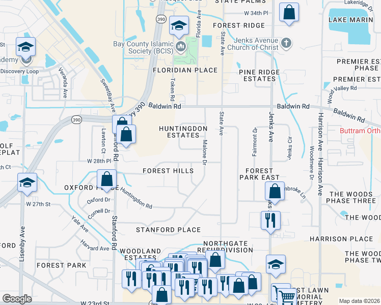 map of restaurants, bars, coffee shops, grocery stores, and more near 805 South Longwood Circle in Panama City