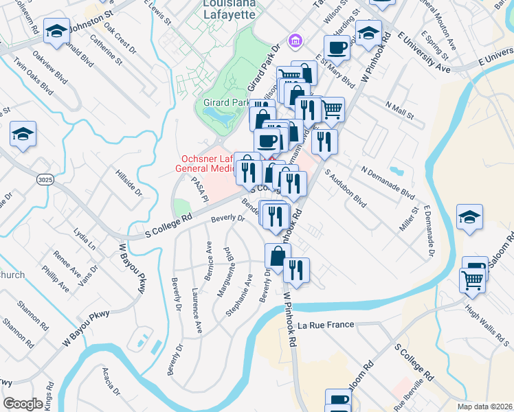 map of restaurants, bars, coffee shops, grocery stores, and more near 225 Bendel Road in Lafayette
