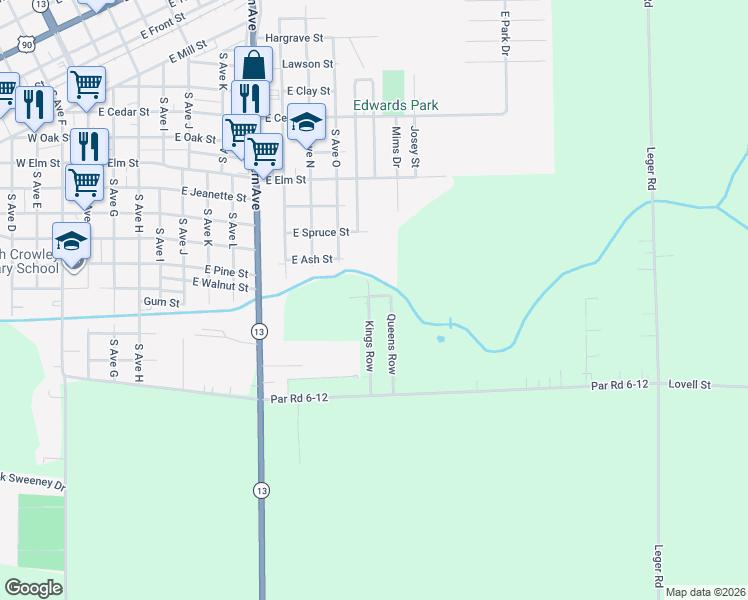 map of restaurants, bars, coffee shops, grocery stores, and more near 100-198 Jacks Row in Crowley