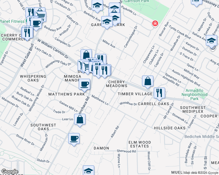 map of restaurants, bars, coffee shops, grocery stores, and more near 6906 Cherrydale Drive in Austin
