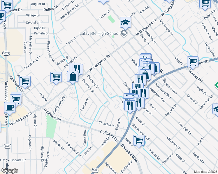 map of restaurants, bars, coffee shops, grocery stores, and more near 155 Mimosa Place in Lafayette