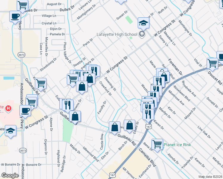map of restaurants, bars, coffee shops, grocery stores, and more near 155 Mimosa Place in Lafayette