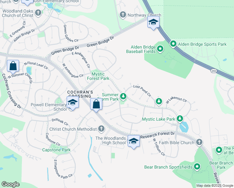 map of restaurants, bars, coffee shops, grocery stores, and more near 114 Summer Storm Place in Spring