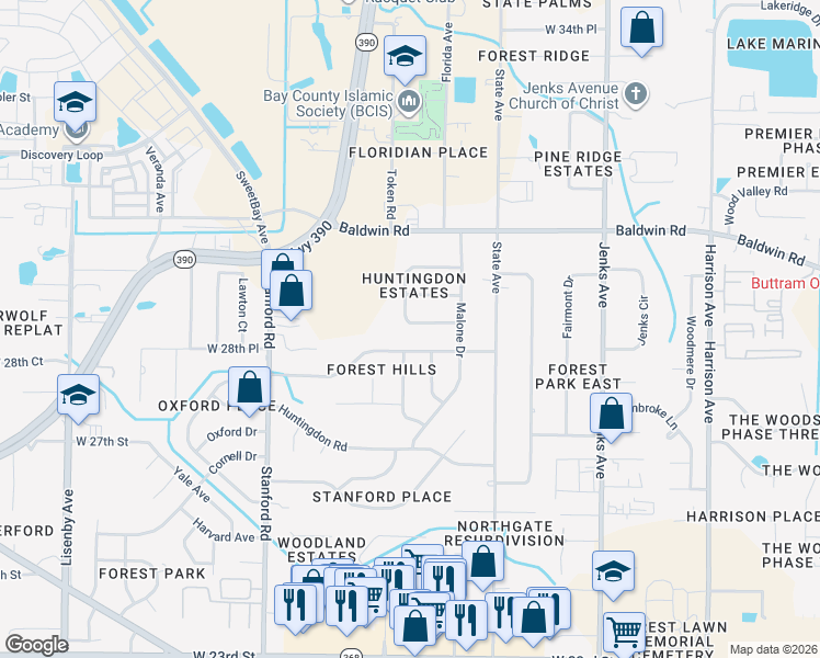 map of restaurants, bars, coffee shops, grocery stores, and more near 805 South Longwood Circle in Panama City