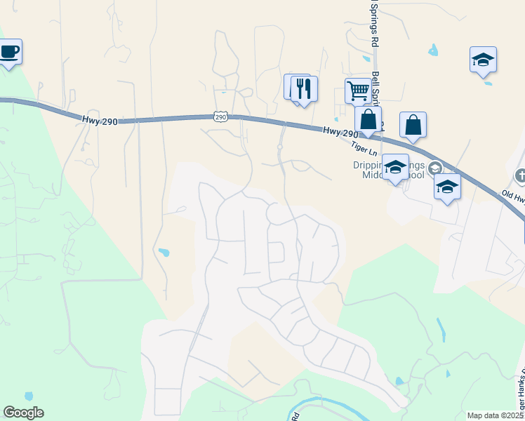 map of restaurants, bars, coffee shops, grocery stores, and more near 160 Pink Granite Boulevard in Dripping Springs