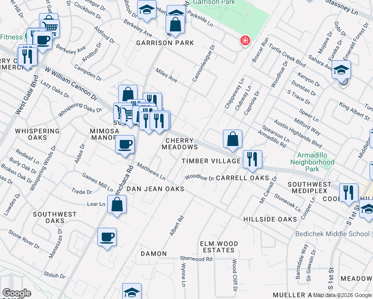 map of restaurants, bars, coffee shops, grocery stores, and more near 6905 Cherry Meadow Drive in Austin