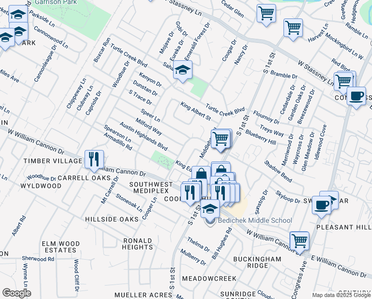 map of restaurants, bars, coffee shops, grocery stores, and more near 6409 Cooper Lane in Austin