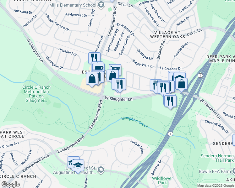 map of restaurants, bars, coffee shops, grocery stores, and more near 5800 West Slaughter Lane in Austin