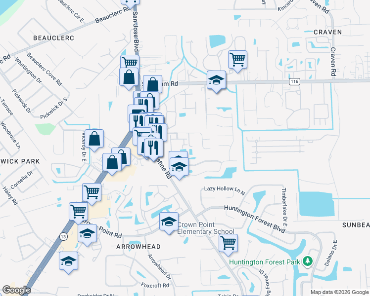 map of restaurants, bars, coffee shops, grocery stores, and more near 9770 Summer Grove Way East in Jacksonville