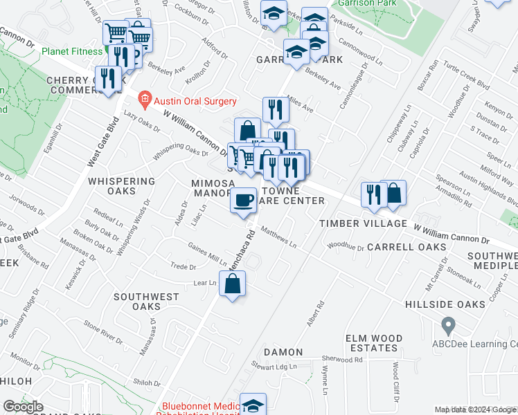 map of restaurants, bars, coffee shops, grocery stores, and more near Manchaca Road in Austin