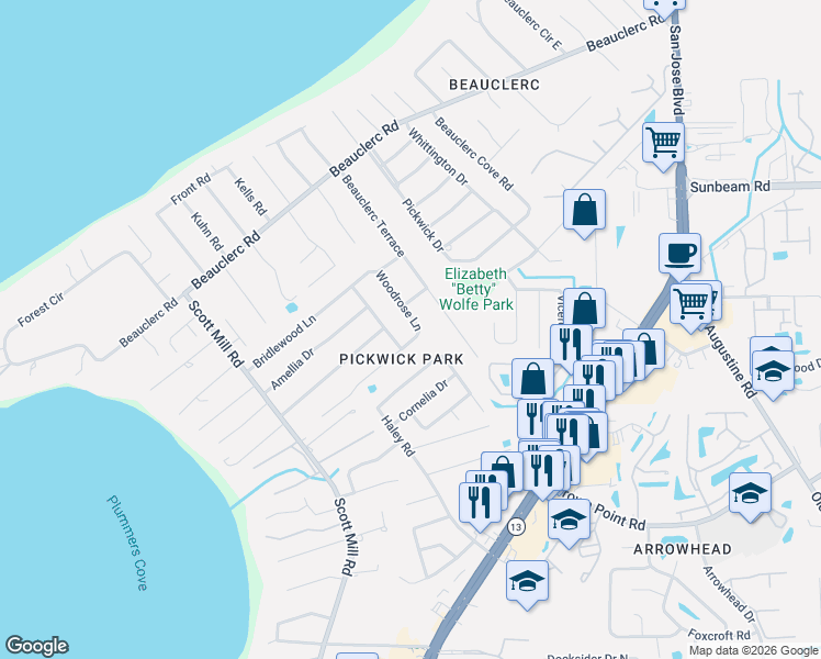 map of restaurants, bars, coffee shops, grocery stores, and more near 9830 Woodrose Lane in Jacksonville
