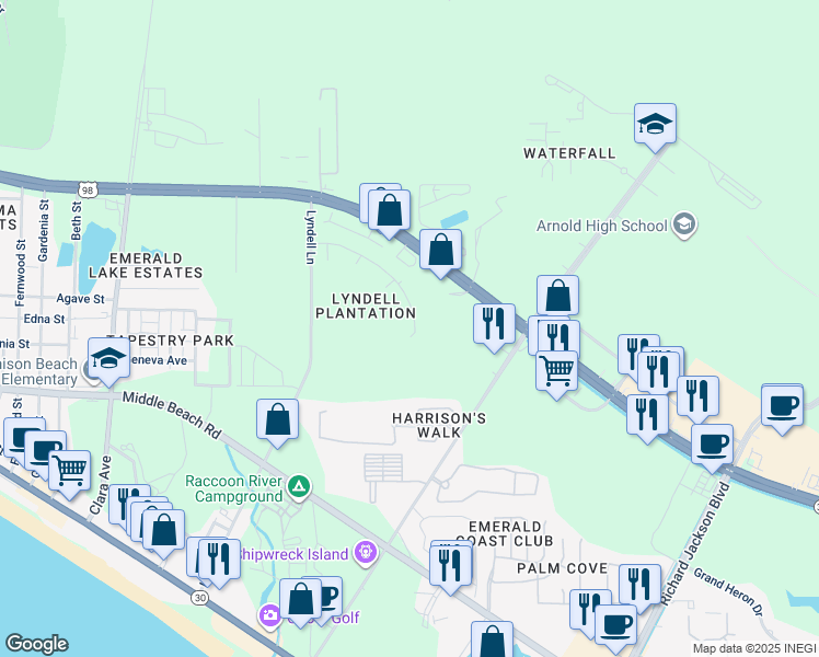 map of restaurants, bars, coffee shops, grocery stores, and more near 12253-12299 Lyndell Plantation Drive in Panama City Beach