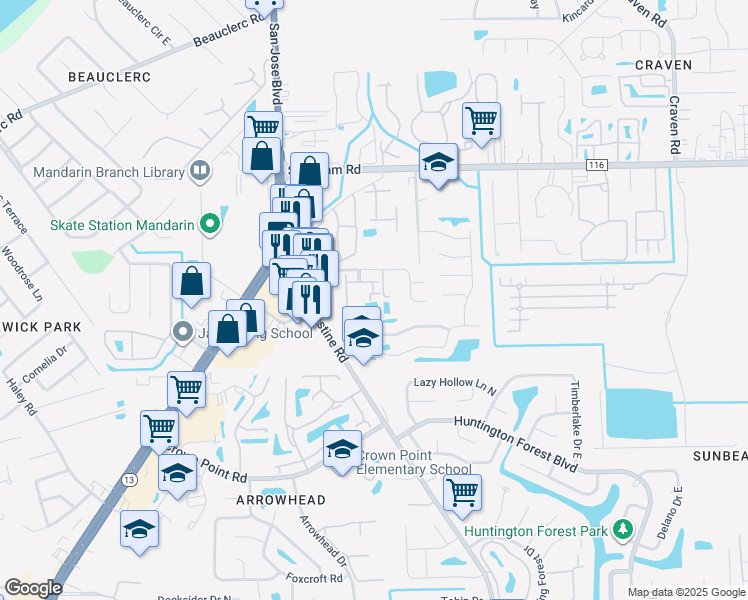 map of restaurants, bars, coffee shops, grocery stores, and more near 9770 Summer Grove Way East in Jacksonville