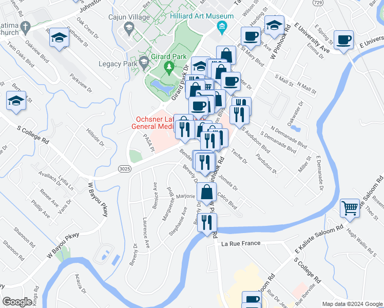map of restaurants, bars, coffee shops, grocery stores, and more near 225 Bendel Road in Lafayette