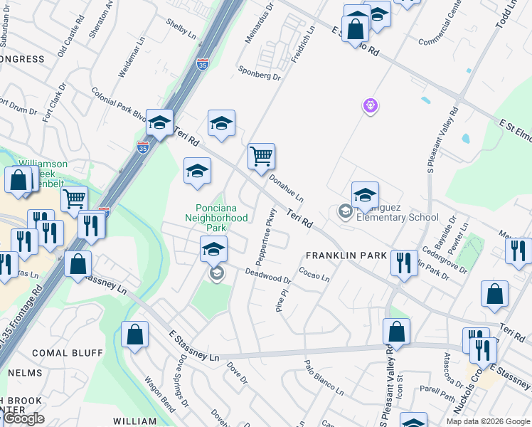 map of restaurants, bars, coffee shops, grocery stores, and more near 5006 Peppertree Parkway in Austin