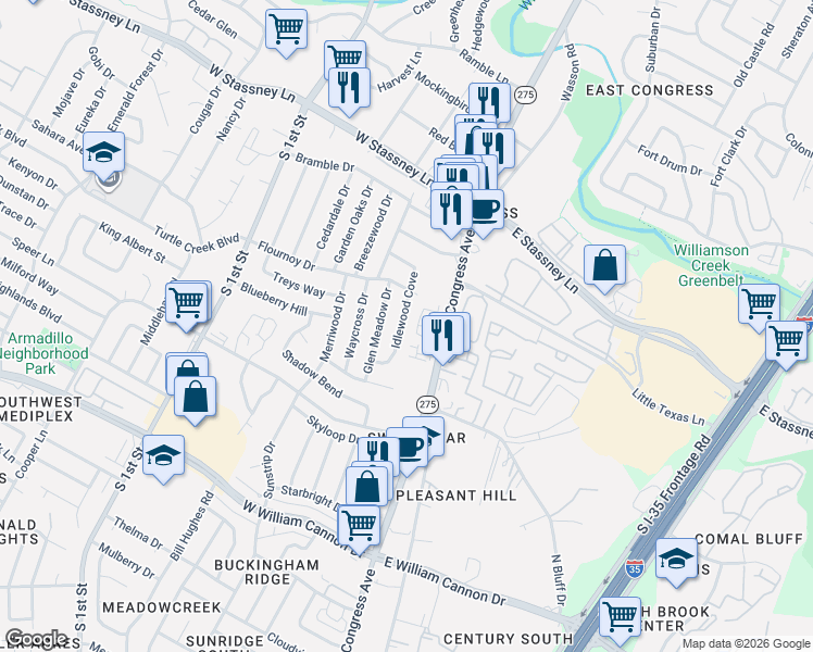map of restaurants, bars, coffee shops, grocery stores, and more near 6011 Idlewood Cove in Austin