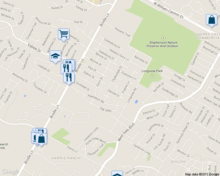 map of restaurants, bars, coffee shops, grocery stores, and more near 8010 Clydesdale Drive in Austin