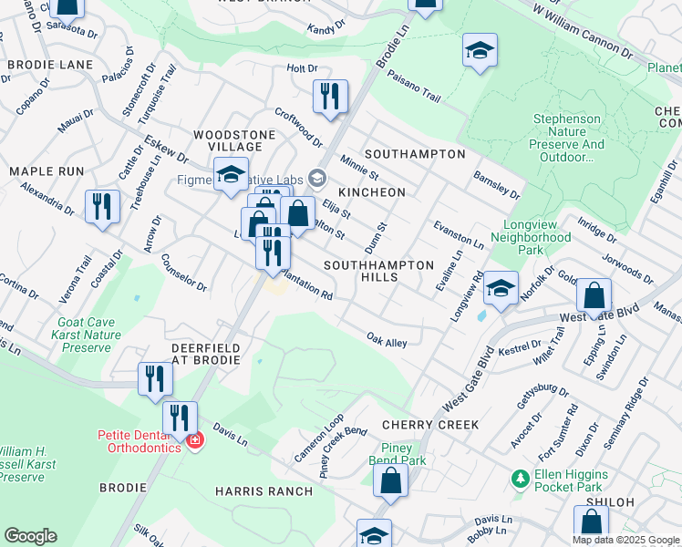 map of restaurants, bars, coffee shops, grocery stores, and more near 8100 Dunn Street in Austin