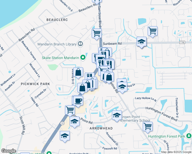 map of restaurants, bars, coffee shops, grocery stores, and more near 9719 Florida 13 in Jacksonville