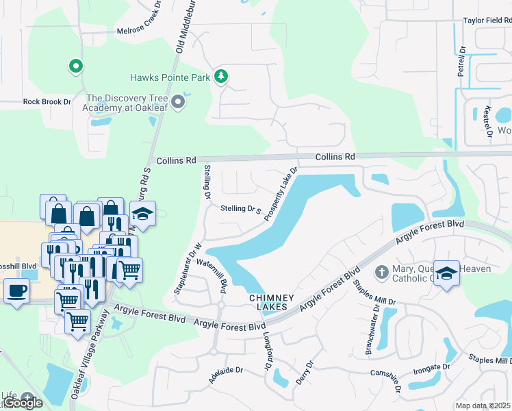 map of restaurants, bars, coffee shops, grocery stores, and more near 8333 Stelling Drive South in Jacksonville