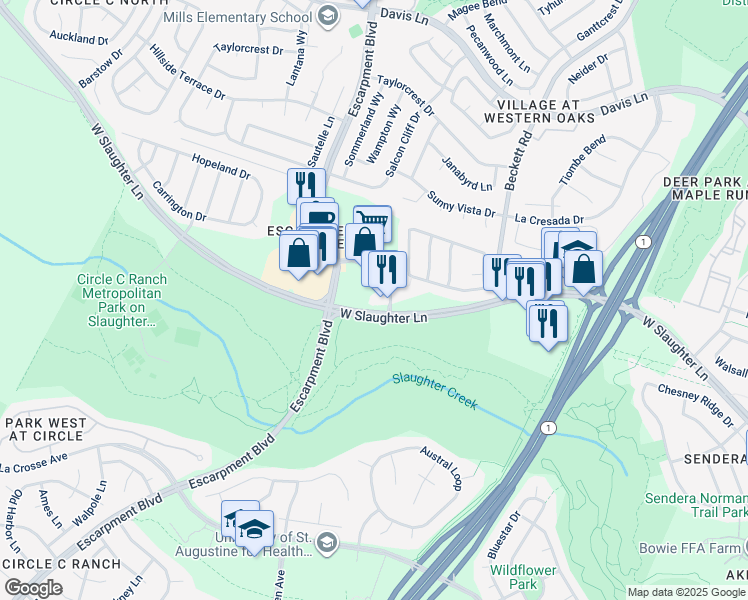 map of restaurants, bars, coffee shops, grocery stores, and more near 5800 West Slaughter Lane in Austin