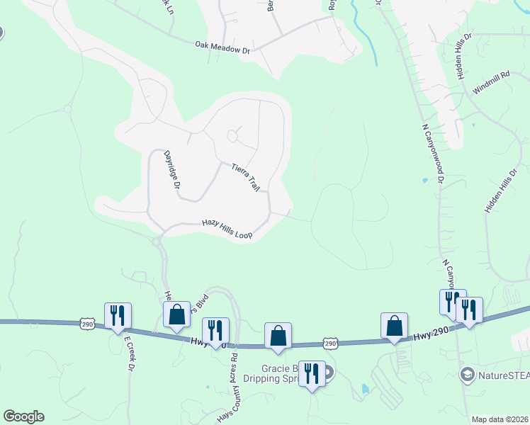 map of restaurants, bars, coffee shops, grocery stores, and more near 595 Hazy Hills Loop in Dripping Springs
