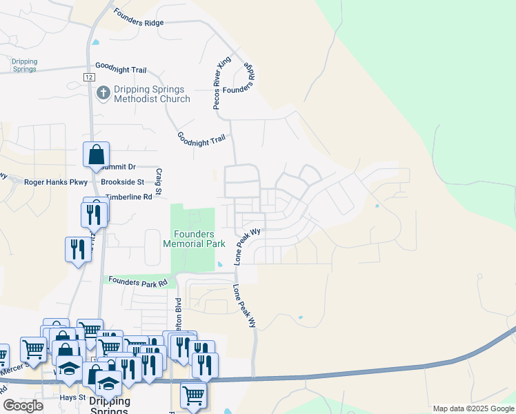map of restaurants, bars, coffee shops, grocery stores, and more near 188 Delaware Mountains Terrace in Dripping Springs