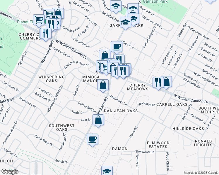 map of restaurants, bars, coffee shops, grocery stores, and more near 2000 Mimosa Drive in Austin