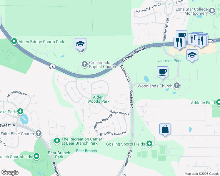 map of restaurants, bars, coffee shops, grocery stores, and more near 39 Terraglen Drive in Spring