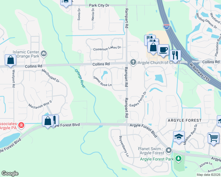 map of restaurants, bars, coffee shops, grocery stores, and more near 7384 Amandas Crossing Drive South in Jacksonville