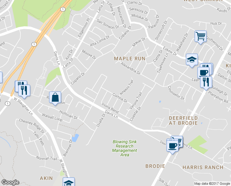 map of restaurants, bars, coffee shops, grocery stores, and more near 4206 Cortina Drive in Austin