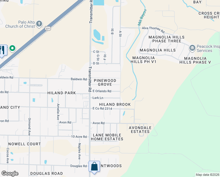map of restaurants, bars, coffee shops, grocery stores, and more near 3619 East Orlando Road in Panama City