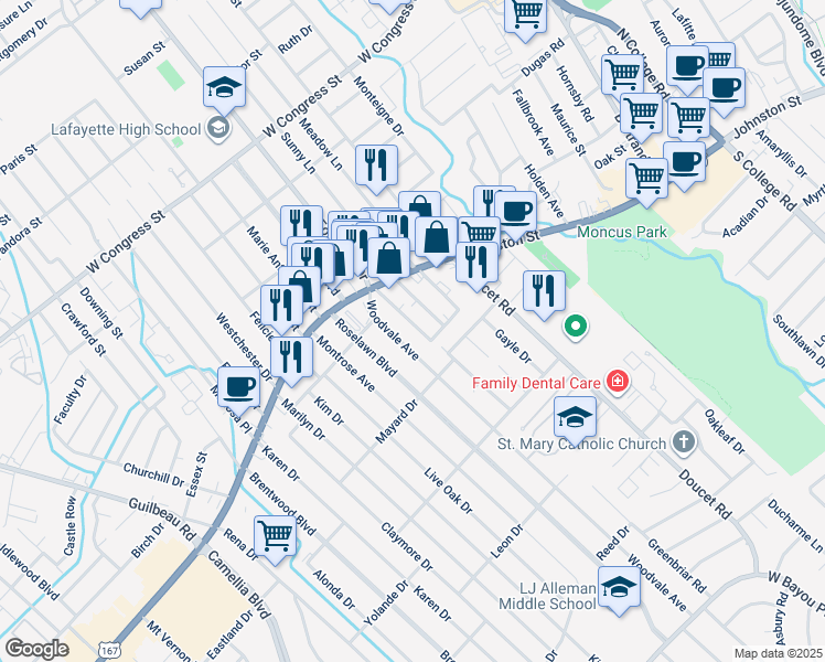 map of restaurants, bars, coffee shops, grocery stores, and more near 114 Camille Street in Lafayette