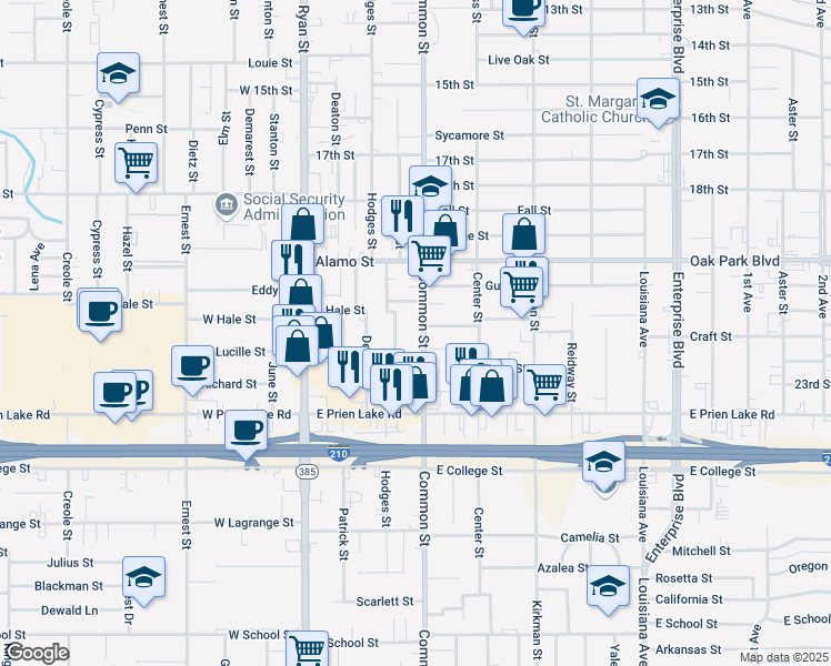 map of restaurants, bars, coffee shops, grocery stores, and more near 3102 Common Street in Lake Charles