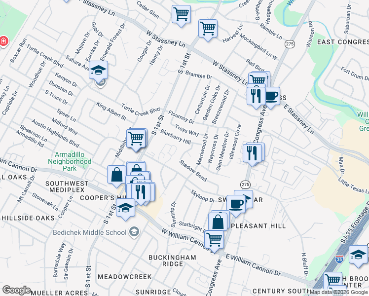 map of restaurants, bars, coffee shops, grocery stores, and more near 6202 Shadow Bend in Austin