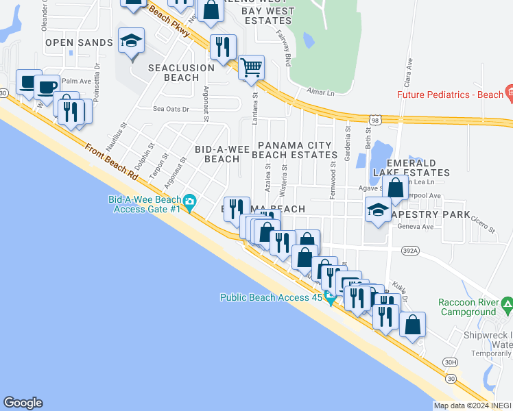map of restaurants, bars, coffee shops, grocery stores, and more near 513 Lantana Street in Panama City