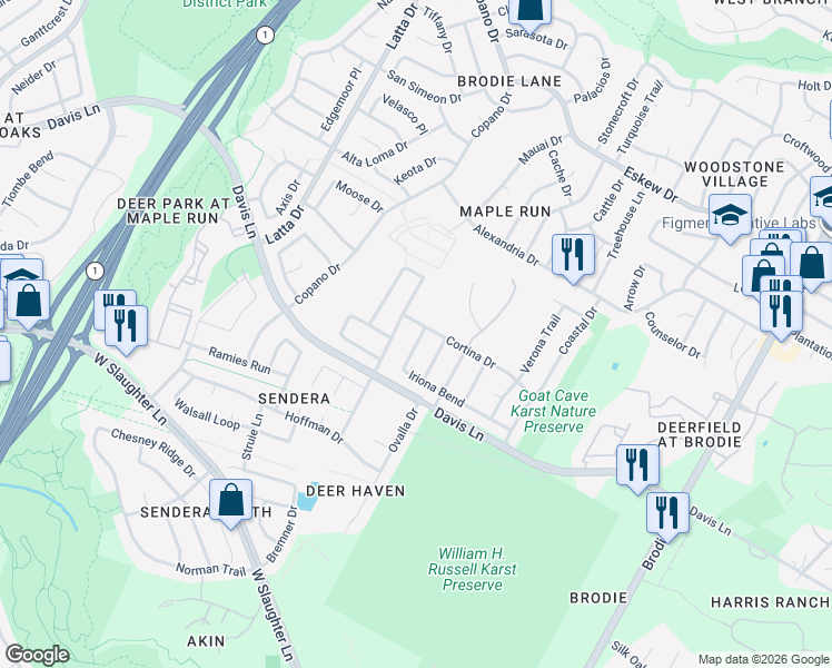 map of restaurants, bars, coffee shops, grocery stores, and more near 4243 Iriona Bend in Austin