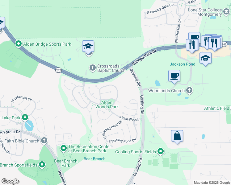 map of restaurants, bars, coffee shops, grocery stores, and more near 39 Terraglen Drive in Spring