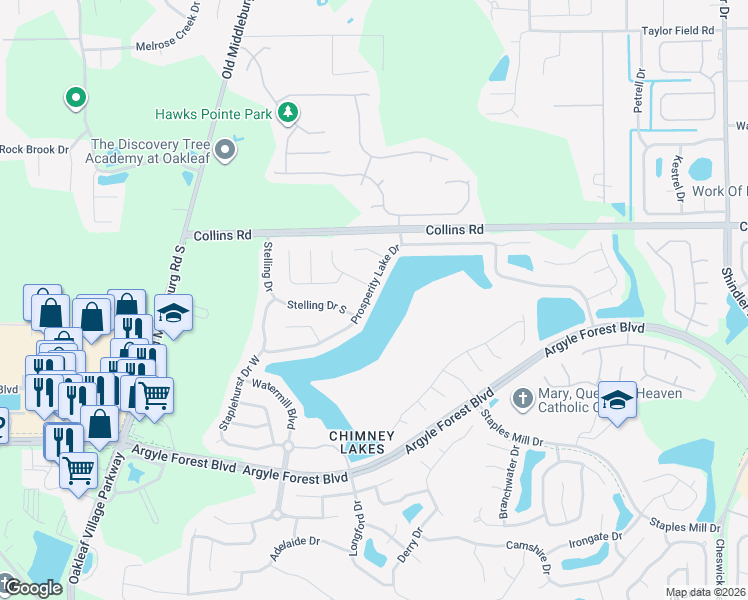 map of restaurants, bars, coffee shops, grocery stores, and more near 9302 Prosperity Lake Drive in Jacksonville