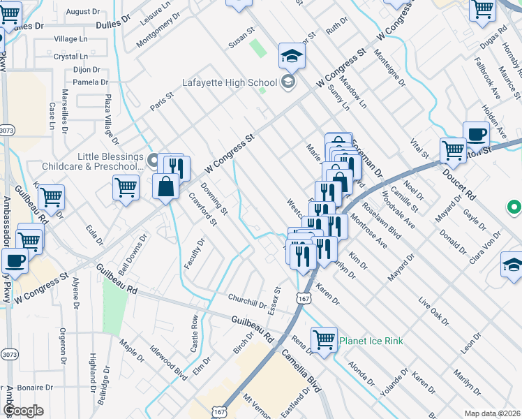 map of restaurants, bars, coffee shops, grocery stores, and more near 152 Mimosa Place in Lafayette