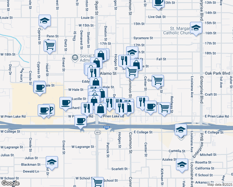 map of restaurants, bars, coffee shops, grocery stores, and more near 3015 Deaton St in Lake Charles