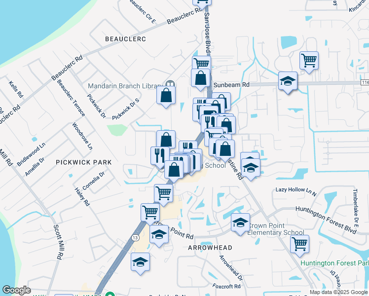 map of restaurants, bars, coffee shops, grocery stores, and more near 9738 San Jose Boulevard in Jacksonville