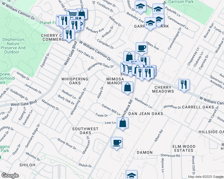 map of restaurants, bars, coffee shops, grocery stores, and more near 2109 Matthews Lane in Austin
